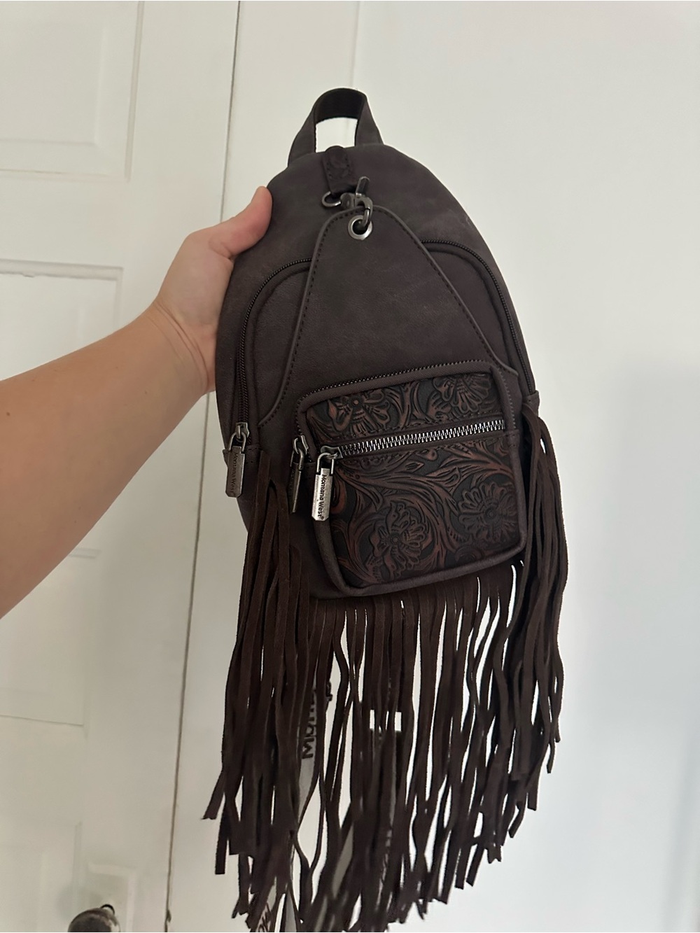 Montana West Dark Brown Tooled Fringe Crossbody Bag